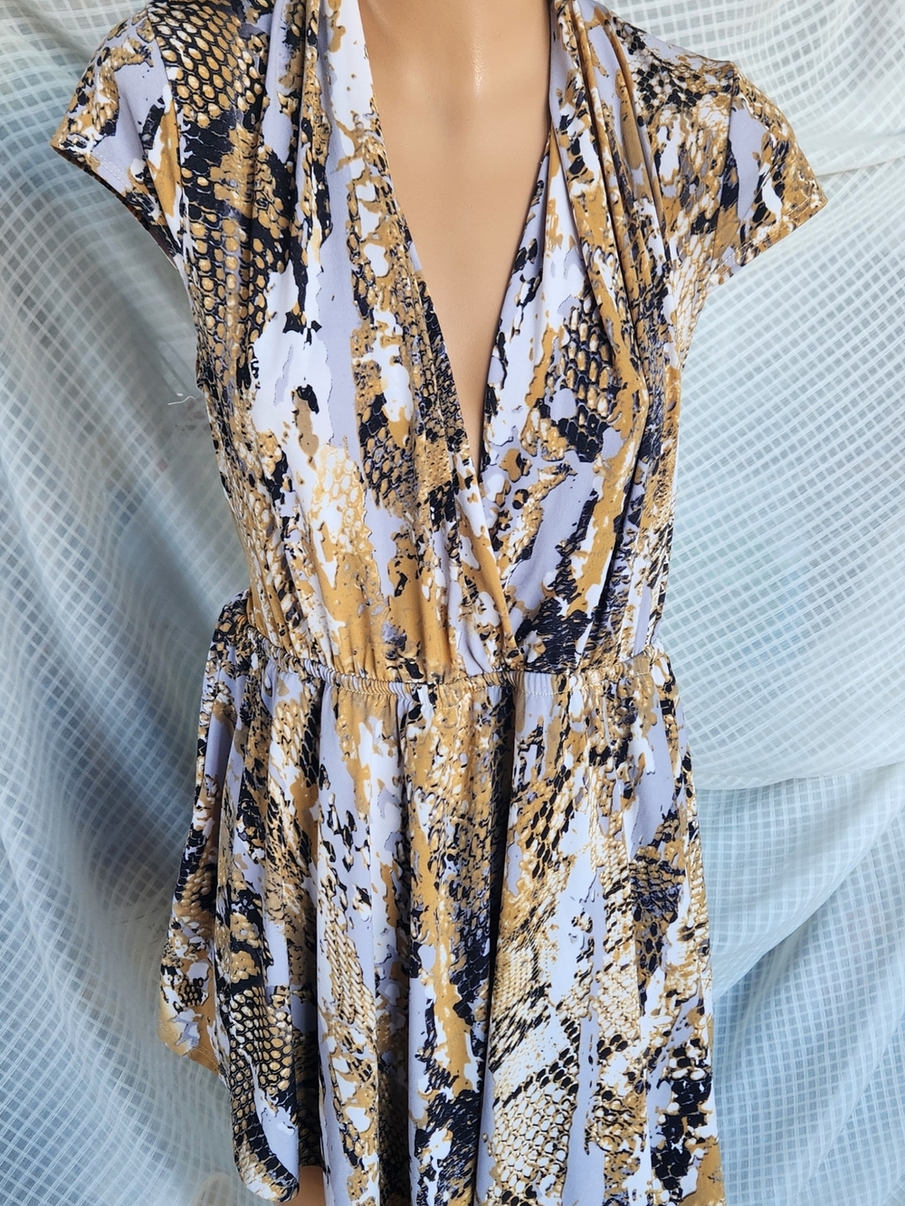 V-Neck Wrap ROMPER with Abstract Snake Print in White, Gold & Black